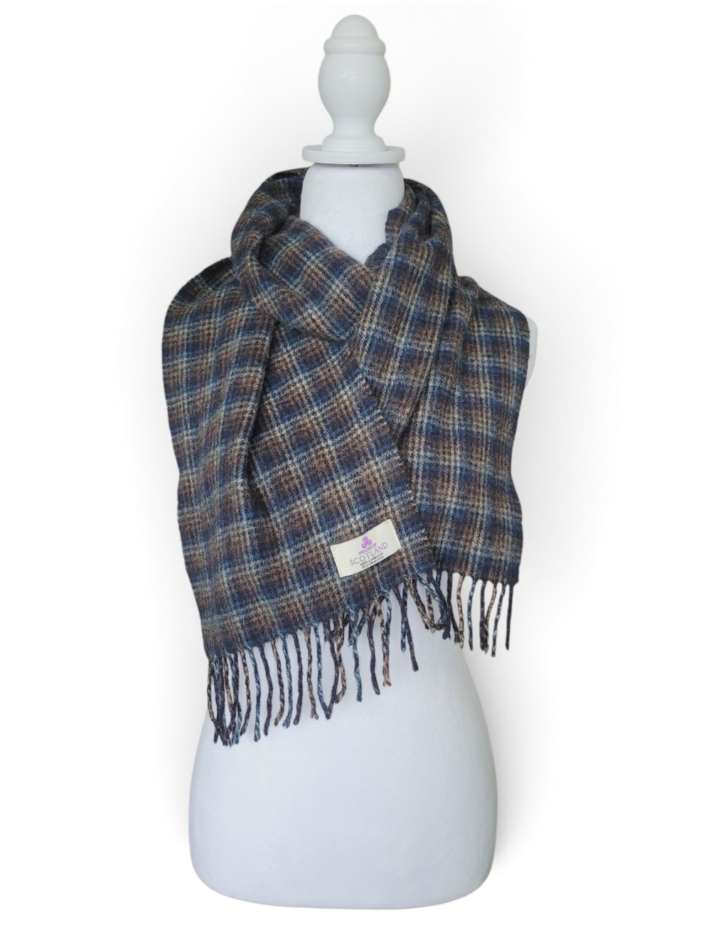 100% Lambswool Glen Plaid Fringe Wrap Scarf in Blue and Brown